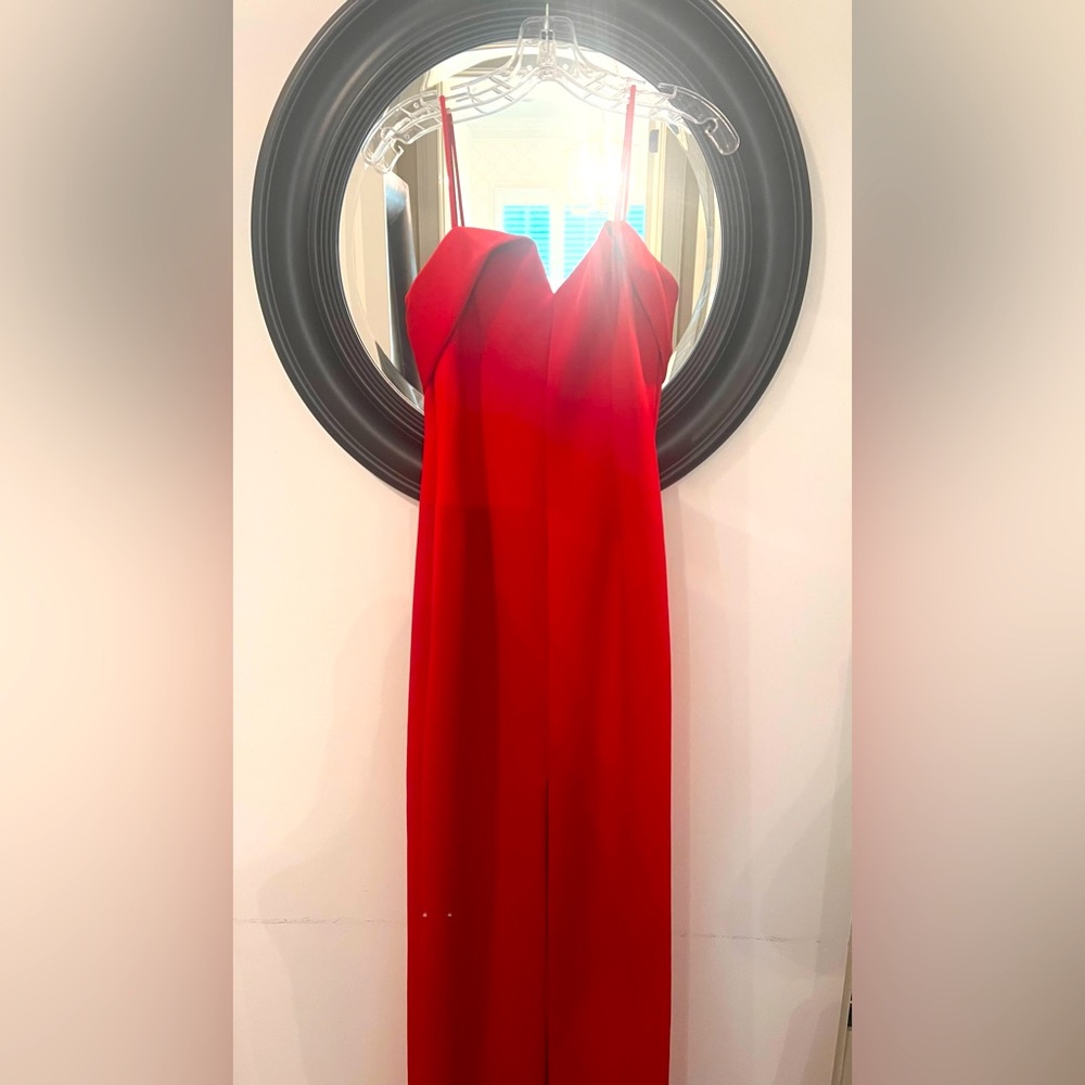 Black Halo EVE by Laurel Berman Red spaghetti strap dress w center leg split; 6